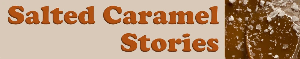 Logo for Salted Caramel Stories, the name in two lines of caramel-coloured text and an image of salted caramel on the right